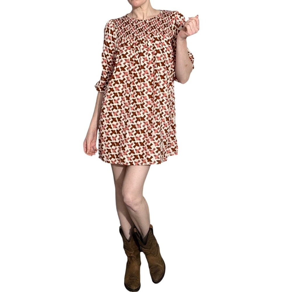 Compania Fantastica Bird Print Smocked Mini Dress Pink Brown Babydoll Shift XS